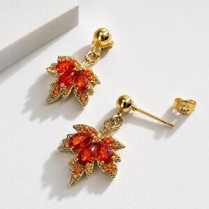 Burnt Orange Maple Leaf Earrings, Gold Autumn Earring, Fall Jewelry for Thanksgiving, CZ Crystal Leaf Earrings