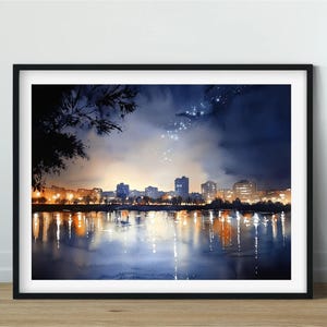 Night blue cityscape Night city painting Urban skyline City lights reflection Blue gold artwork Modern wall decor Urban night scene Stars