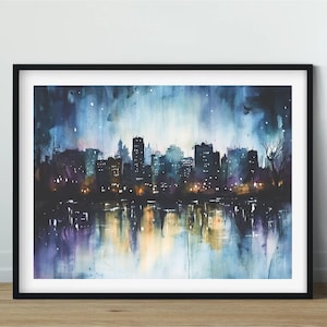 Night cityscape Night city painting Urban skyline art City lights reflection Blue and gold artwork Modern wall decor Urban night scene