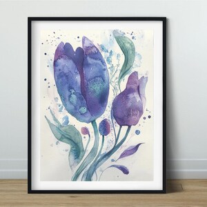 Purple tulip print, printable wall art, flower poster, floral printable poster, botanical art, watercolor, painting with flowers