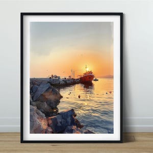 Watercolor Sunset Pier with Rusty Ship Seaside Boat Art Print Abandoned Harbor Landscape Wall Decor Coastal Painting Calming poster