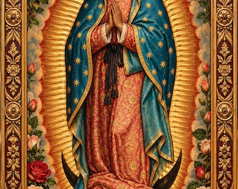 May include: A framed religious print of Our Lady of Guadalupe featuring a figure in a blue star-patterned mantle and pink floral dress, standing on a crescent moon held by an angel, surrounded by pink roses and a gold ornate border.