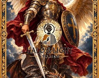 Pode incluir: Uma ilustração digital do Arcanjo São Miguel em armadura ornamentada com grandes asas brancas, segurando uma espada e um escudo sobre um dragão. A imagem apresenta uma moldura dourada, o texto HALO & LIGHT STUDIOS e SAINT MICHAEL THE ARCHANGEL.