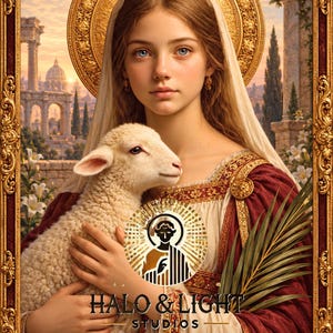 ローマの聖アグネスのプリントアート｜子羊を抱くカトリックの聖母殉教者｜信仰の壁飾り｜デジタルダウンロード