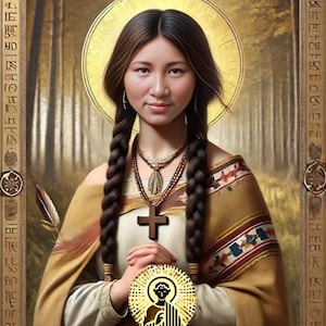 Puede incluir: Retrato digital de una mujer con cabello largo trenzado, un halo dorado y una cruz. Viste una blusa crema y un chal estampado. La imagen tiene una paleta de colores dorados y el texto "HALO & LIGHT STUDIOS".