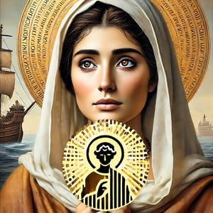 Op de afbeelding: Digitale kunst van een vrouw met bruine ogen en een witte hoofdbedekking, die een gouden medaillon vasthoudt. Een gouden halo omringt haar hoofd. De afbeelding bevat de tekst "HALO & LIGHT STUDIOS". Twee engelen staan op de achtergrond.