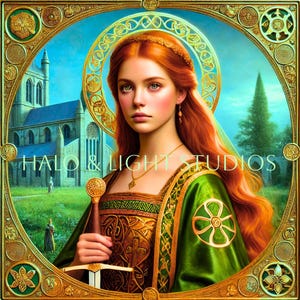 May include: Digital artwork of a woman with red hair, wearing a green and gold gown, holding a sword. The image is framed in gold with Celtic designs. A church and blue sky form the background. The text on the image reads "HALO & LIGHT STUDIOS."