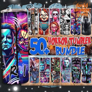 Lot de 50 gobelets d&#39;Halloween tueur 20 oz design png, emballages de gobelets droits personnages d&#39;horreur png, emballage de gobelet de film d&#39;horreur