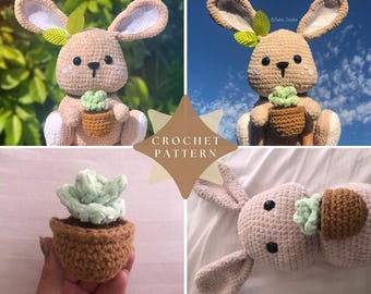 May include: A crochet pattern featuring a plush beige rabbit with long ears, black eyes, and white accents, holding a small brown pot with a light green succulent. The text CROCHET PATTERN is displayed in the center of the image over a star shape.