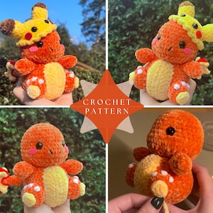 May include: A plush orange crochet creature with a light yellow belly, black eyes, and a flame-tipped tail. One version wears a yellow and brown Pikachu-inspired hat. The image includes a central orange star shape with the text CROCHET PATTERN.