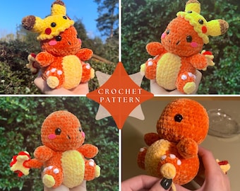 May include: A plush orange crochet creature with a light yellow belly, black eyes, and a flame-tipped tail. One version wears a yellow and brown Pikachu-inspired hat. The image includes a central orange star shape with the text CROCHET PATTERN.