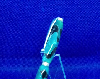 Penna a spirale in acrilico realizzata a mano: blu, nero, argento, vortice