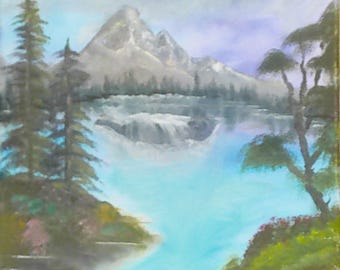 Montagne majestueuse, paysage de style Bob Ross, peinture mouillé sur mouillé