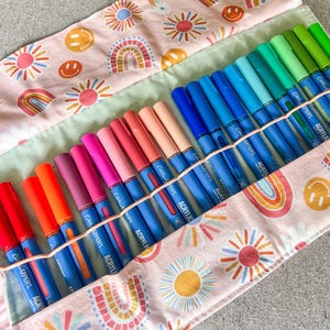 Colorful Roll-Up Pen & Brush Organizer – Handmade Fabric Case with Tie Closure – Travel Art Supply Pouch – Marker, Pencil and Brush Holder