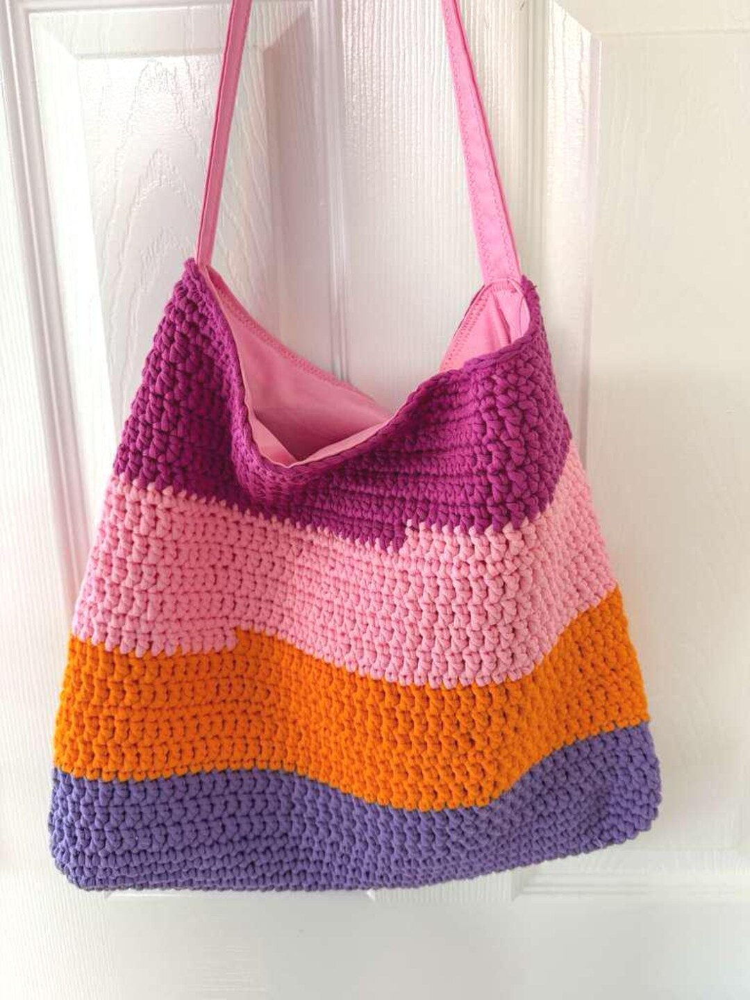 Color Block Crochet Tote Bag – Lined Cotton Hobo Shoulder Purse - Etsy