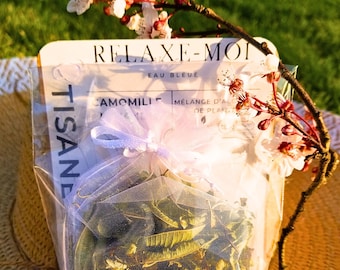 Bustina di tisana rilassante per il bagno, acqua blu, con camomilla, lavanda, menta e alghe. Infuso di erbe biologiche per il bagno, ideale per il relax.