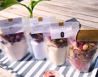 Campioni di sali da bagno e latte naturali: prova Matcha Latte, Pink Latte, Bleu Velours e Jardin Secret: un regalo di benessere