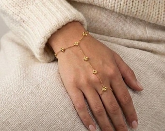 HENNA HAND CHAIN Finger Bracelet for Her  Stainless steel clover cluster chain
