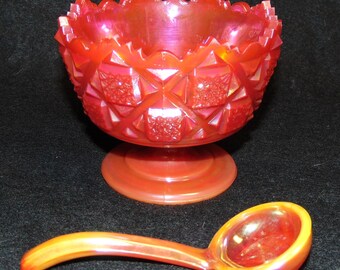 Beautiful Vintage Westmoreland Iridescent Red Opaque Checkerboard Mayonnaise with Matching Ladle
