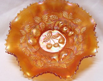 NORTHWOOD Ruffled Bowl Three Fruits with Basket Weave Exterior Iridescent Marigold Carnival Glass