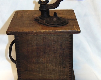 Antique Coffee Grinder Cast Iron and Wood Finger Joint Corners circa Late 1800's