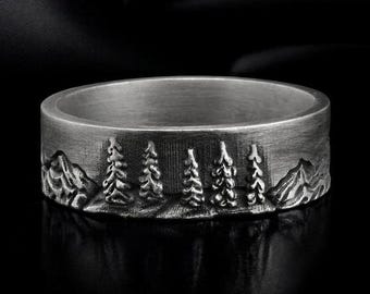 Sterling Silver Mountain Forest Ring, 925 Nature Band Ring For Men, Engraved Hiking Ring, Outdoor Adventure Jewelry Gift For Him