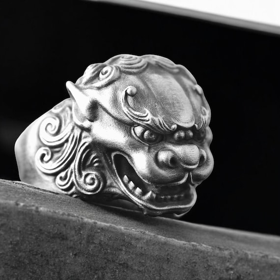 Sterling Silver Foo Dog Ring, Chinese Guardian Lion Amulet, Bold