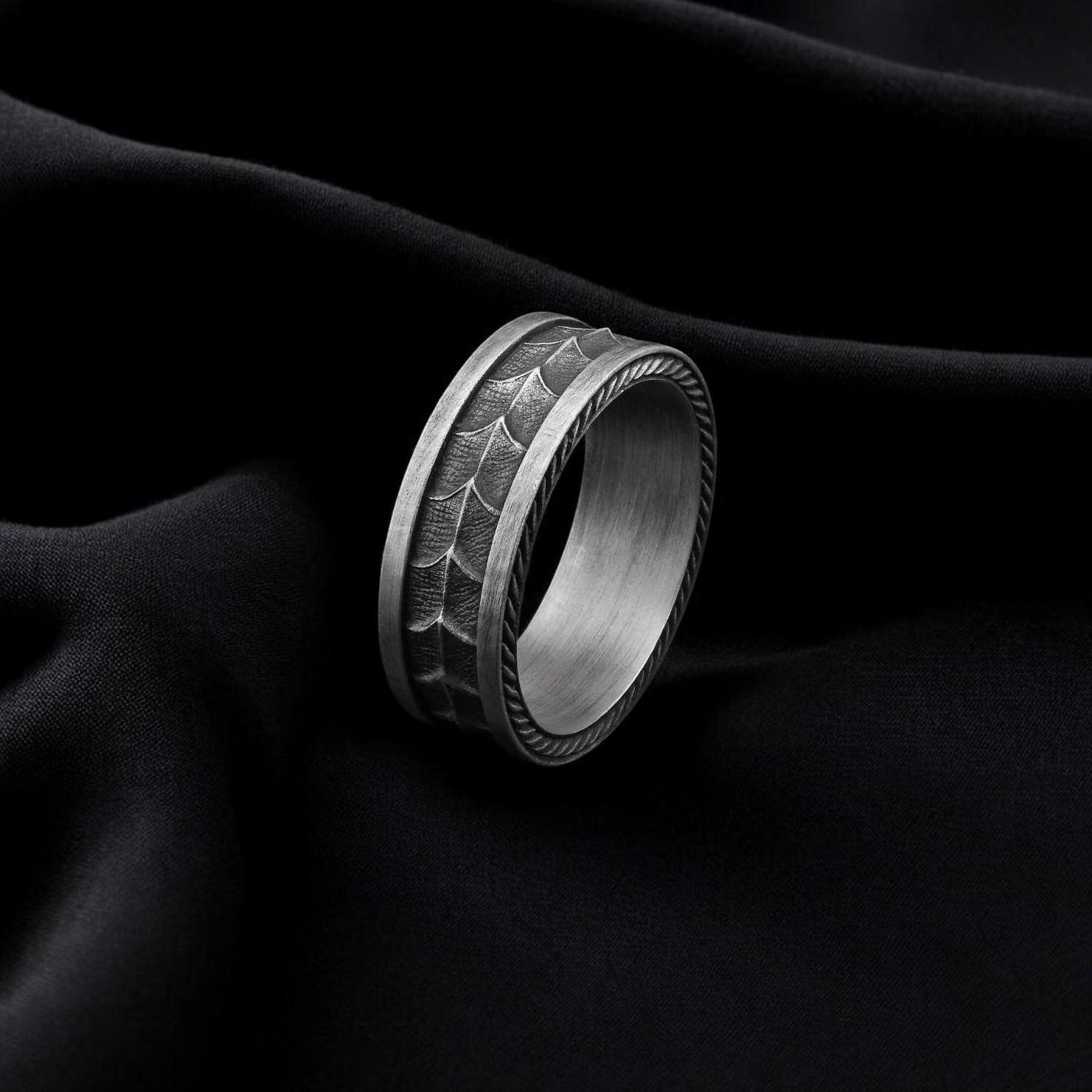 Oxidized Silver Scale Ring: Viking Dragon Armor Band