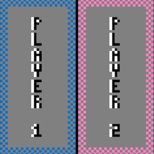 May include: Pixelated graphic with two gray rectangles, each framed with a checkered border. The left rectangle has a blue border and the text "PLAYER 1" in white. The right rectangle has a pink border and the text "PLAYER 2".