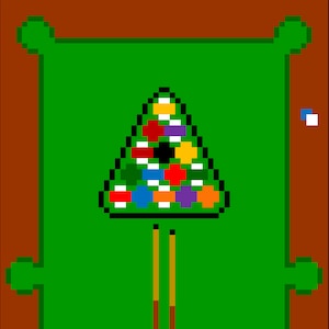 May include: Pixelated image of a pool table with a green felt surface and brown wooden frame. A triangle of colorful billiard balls is set up, with two cues and a white cue ball. A blue and white ball is on the right.