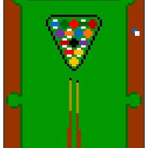 May include: Pixelated image of a green pool table with a brown border. A triangle of colored billiard balls is set up, with two pool cues and a white cue ball. A red and white ball is near the bottom.