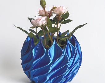 Maceta ondulada impresa en 3D con bandeja de goteo: Decoración moderna para el hogar en color azul (apertura de 10-15 cm).