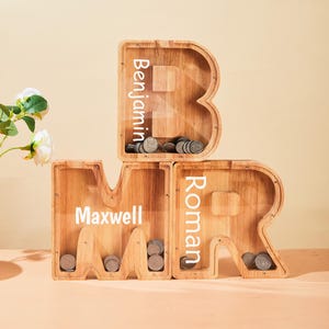 Alcancía de madera grande personalizada con letras para niños, regalo de madera para niños, alcancía con nombre personalizado, alcancía de madera con letras del alfabeto para cumpleaños