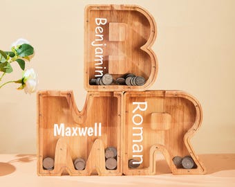 Personalized Large Wooden Kids Letter Piggy Bank, Wood Gift For Kids, Custom Name Coin Bank, Wood Alphabet Letter Bank Money Box Birthday
