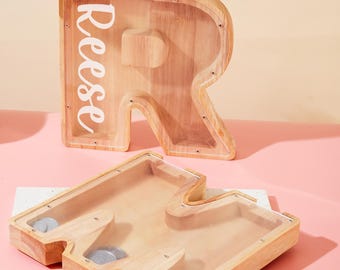 Benutzerdefinierte große hölzerne Anfang Münze Sparschwein mit Name für Kinder Brief Sparschwein Kinderzimmer Dekor Weihnachtsgeschenk Kid Baby Shower Spardose