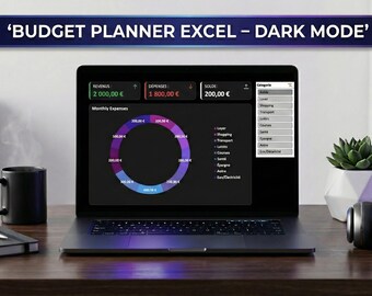 Excel-budgetöversikt • Personlig ekonomihantering • Fransk budgetplanerare • Automatisk mall för mörkt läge • Utgiftsspårning