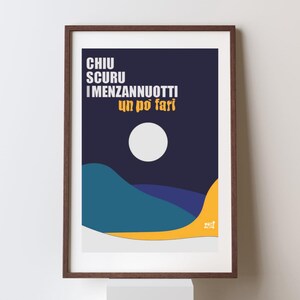 Pode incluir: Um pôster emoldurado com fundo azul e um círculo branco no centro. O texto "CHIU SCURU I MENZANNUOTTI un po' fari" está escrito em letras brancas no pôster.
