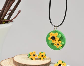 Yellow Flowers on Quilling Paper Disc Necklace, Ring and Stud Earrings Set