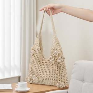 Boho Handmade Floral Crochet Tote Bag, Woven Summer Beach Accessory Stylel Boho Straw Tote Bag | Beach Vacation Handbag, Zippered Work Bag