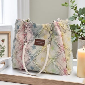 Super bunte Denim-Einkaufstasche mit Kettenriemen, Handtasche mit großer Kapazität für Frauen, alltägliche lässige Geldbörse für Arbeit Schule Reisen & Einkaufen