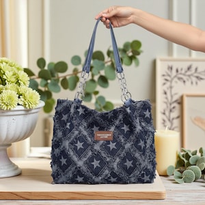Dunkelblaue Schachbrett-Denim-Einkaufstasche mit Kettenriemen, Handtasche mit großer Kapazität, lässige Schultertasche für Arbeit, Schule, Reisen und Einkaufen
