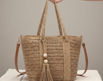 Bolso tote de paja estilo bohemio / Bolso de mano para vacaciones en la playa, bolso de trabajo con cremallera