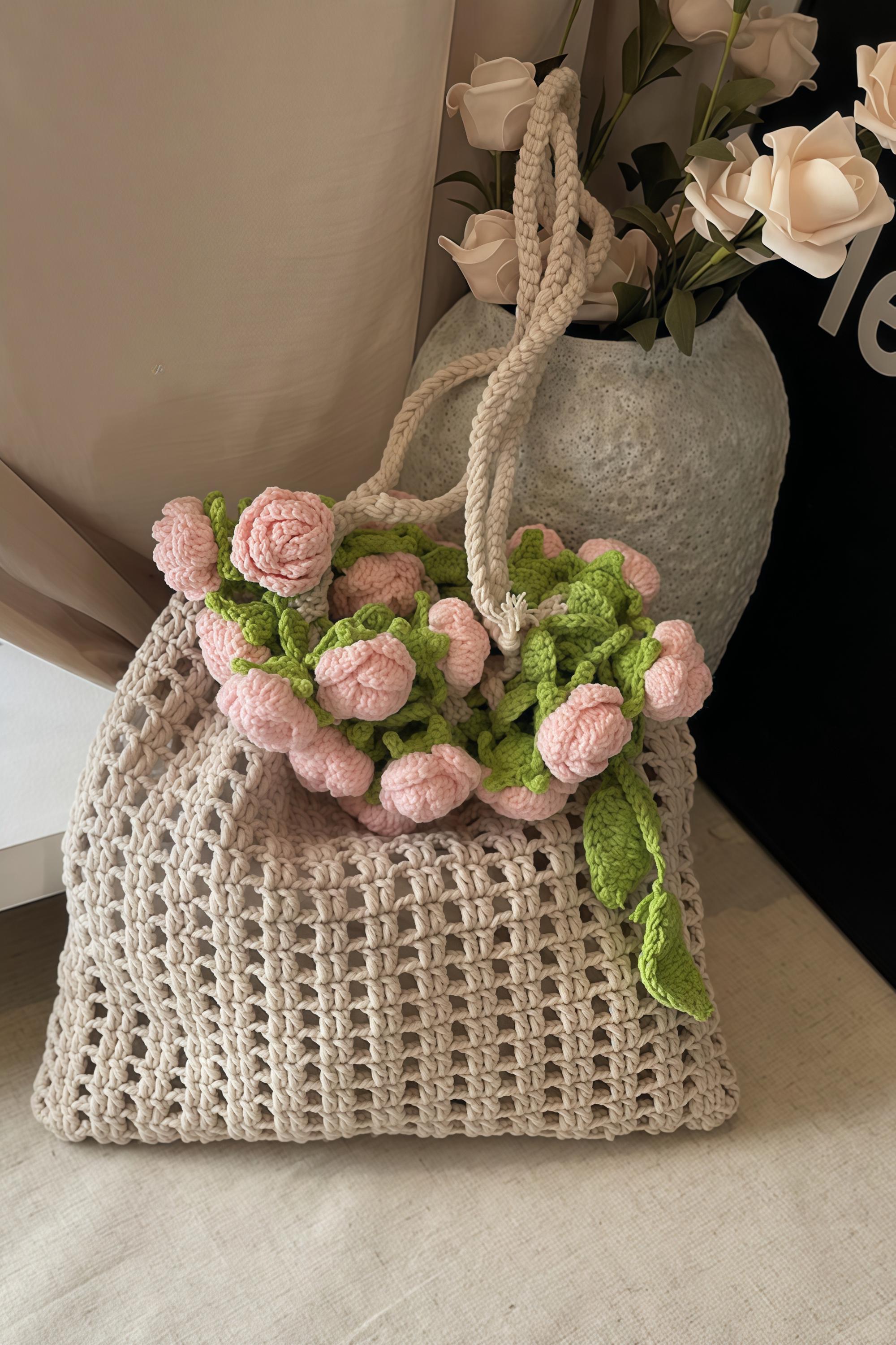 TYPESERVICE ♥ Glittered Rose Handmade Knitted Bag Knitted Bag, Designer Bag, Luxury Bag, Shoulder Bag, Bag