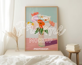 Wood Frame Mockup Template, DIN A Size, Natural Oak Glass Display, Vertical Wall Art, Natural Lighting, Photoshop PSD, Minimalist Bedroom