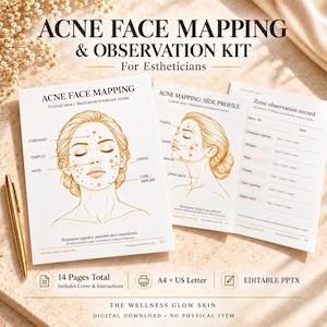 Acne Face Mapping Chart for Estheticians, Printable Skin Observation Forms, 14 Editable Templates