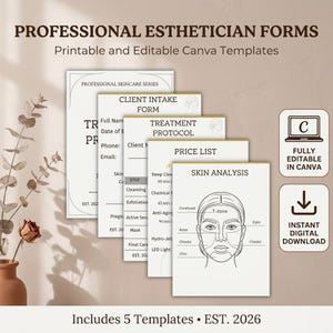 Paquete de formularios de admisión de clientes de esteticista, tabla de análisis de piel editable, formulario de consulta facial, plantillas de negocios para salones de belleza, Canva