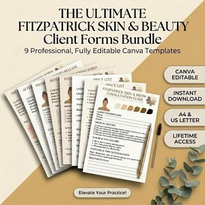 May include: A bundle of professional client forms for skin and beauty, including a consultation guide, with the text "The Ultimate Fitzpatrick Skin & Beauty Client Forms Bundle". The forms are Canva editable and available for instant download.