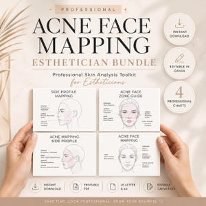Op de afbeelding: Een professionele esthetician bundel met de tekst "ACNE FACE MAPPING" en "ESTHETICIAN BUNDLE". De bundel bevat vier kaarten voor huidanalyse, met de tekst "SIDE PROFILE MAPPING" en "ACNE FACE ZONE GUIDE". Direct downloaden.