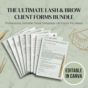 Paquete de formularios para clientes de pestañas y cejas | Plantillas editables de Canva para consentimiento y cuidados posteriores a la extensión de pestañas