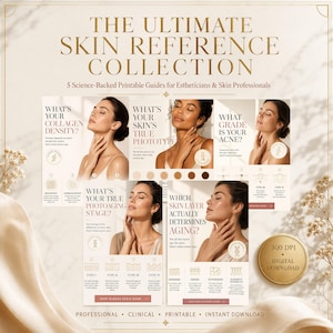 May include: The Ultimate Skin Reference Collection features five science-backed printable guides for estheticians. The documents include titles like What's Your Collagen Density, What's Your Skin's True Phototype, What Grade Is Your Acne, and more.
